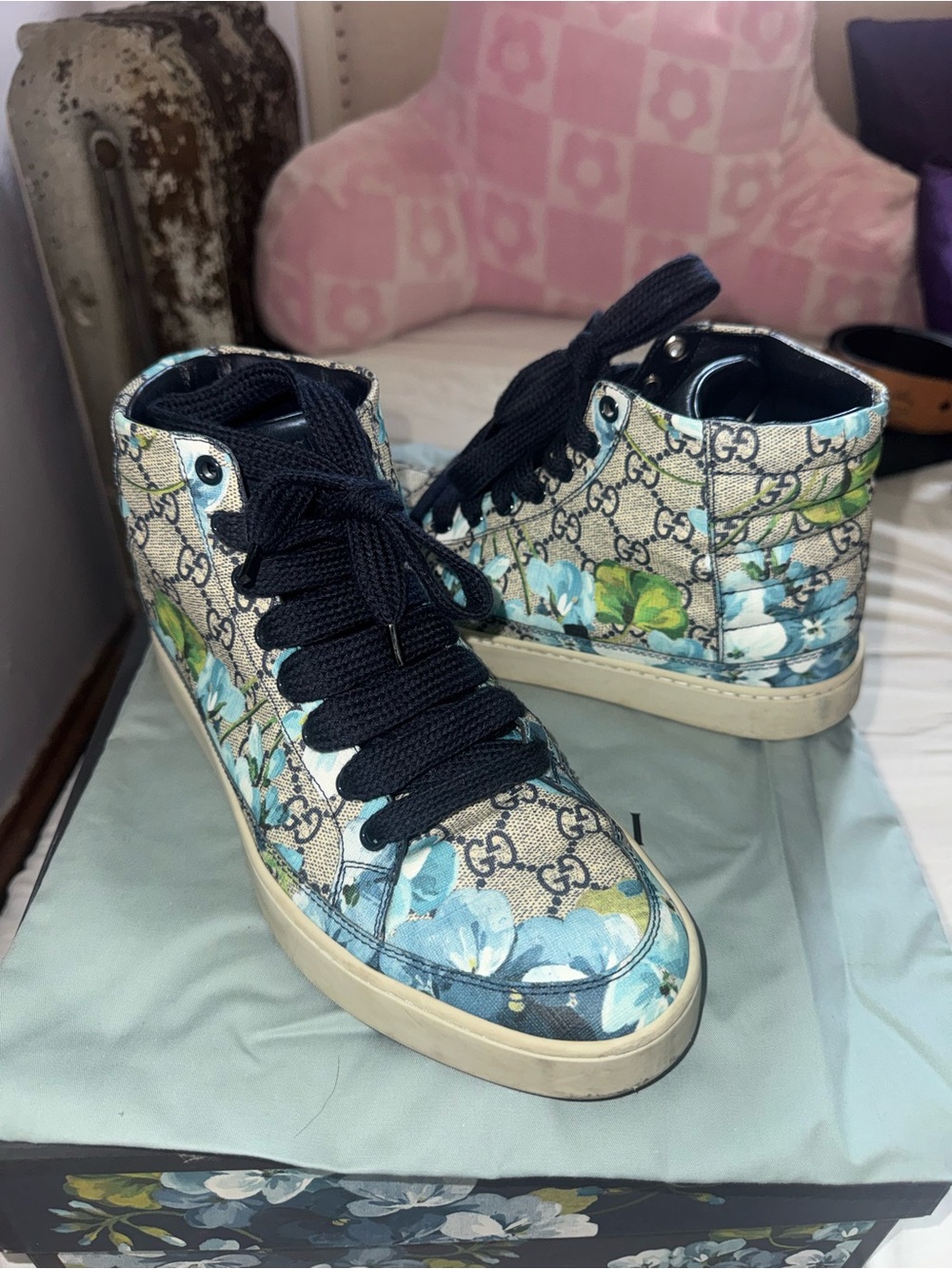 Gucci Blue Floral GG Canvas High-Top Sneakers with Black Laces